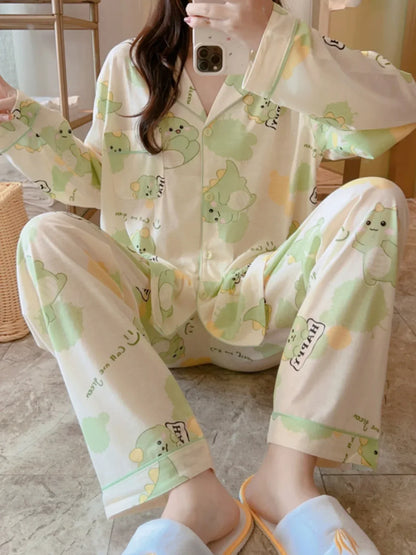 Plus Size plus Size Pure Cotton Sleepwear Set Women's Long Sleeve Casual Cartoon Home Leisure Two-Piece Suit V-Neck Button De... - Shello's Creative Boutique