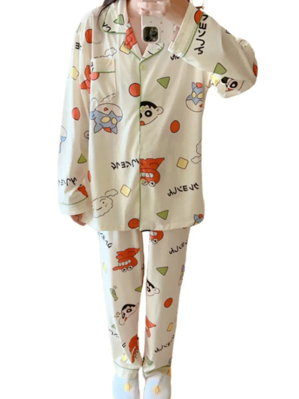 Plus Size plus Size Pure Cotton Sleepwear Set Women's Long Sleeve Casual Cartoon Home Leisure Two-Piece Suit V-Neck Button De... - Shello's Creative Boutique
