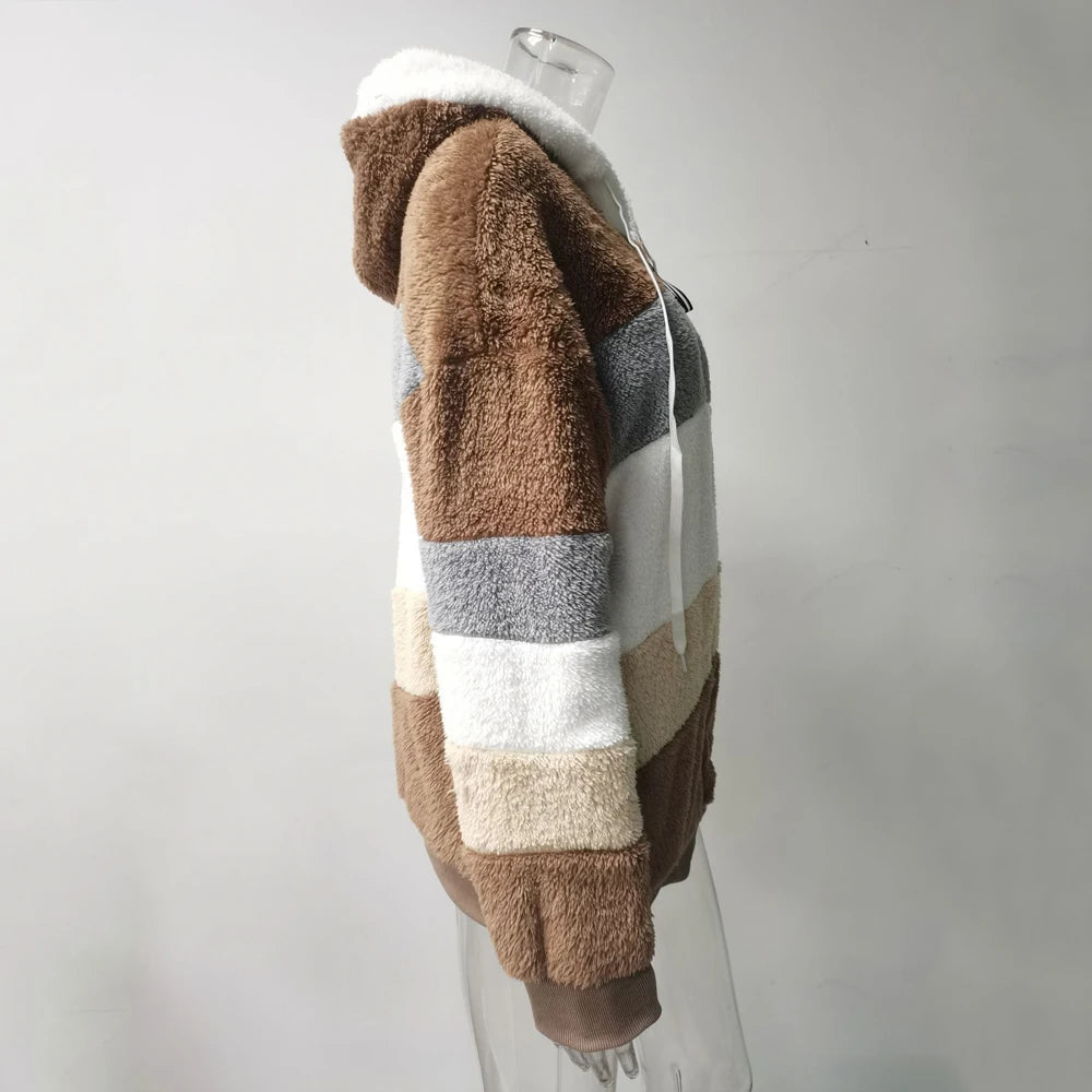 Women's Winter Hooded Coat 2026 - Thick Cashmere Plaid Stitched Jacket with Zipper - Shello's Creative Boutique