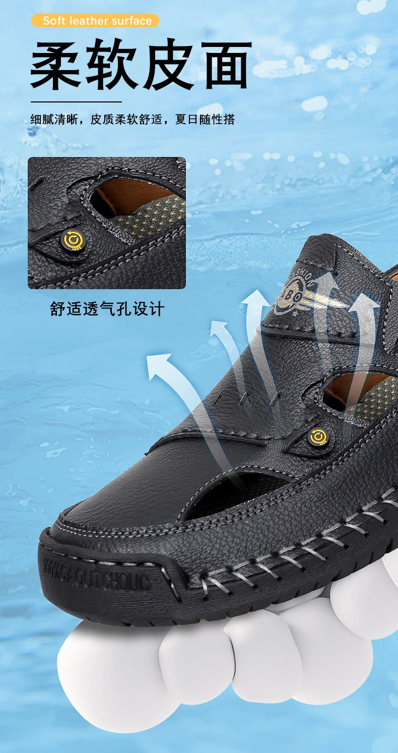 Men's Genuine Leather Beach Sandals - Breathable Hollow-Out Non-Slip Casual Slides