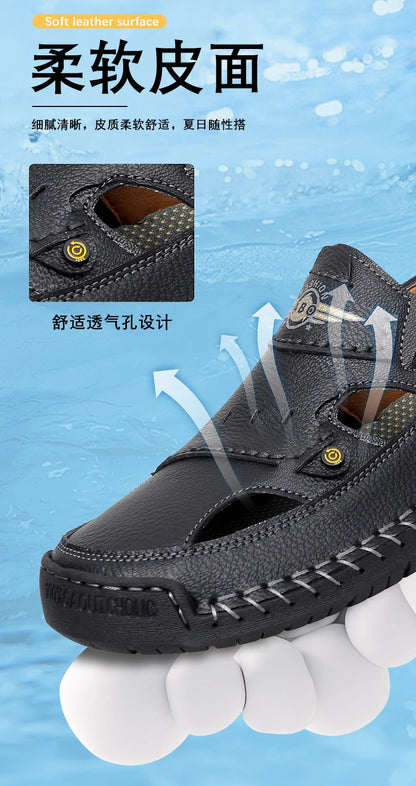 Men's Genuine Leather Beach Sandals - Breathable Hollow-Out Non-Slip Casual Slides