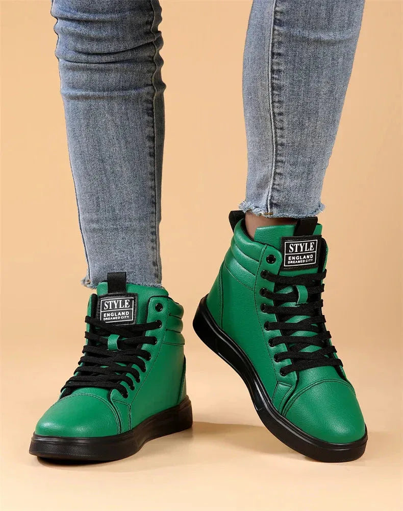 2025 Spring Fashion High-Top Sneakers - Unisex Leather Skateboarding Shoes (Red/White/Brown) - Shello's Creative Boutique