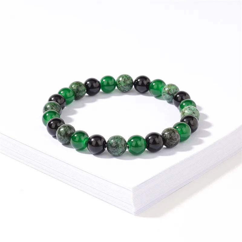 8mm Green & Black Natural Stone Beaded Bracelet – Handmade Elastic