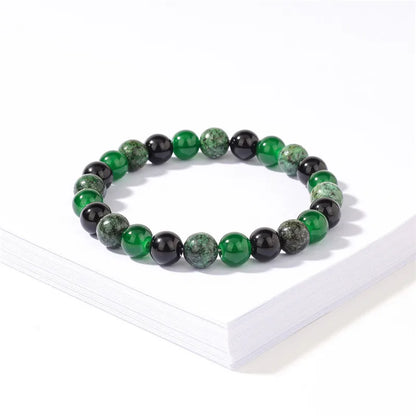 8mm Green & Black Natural Stone Beaded Bracelet – Handmade Elastic