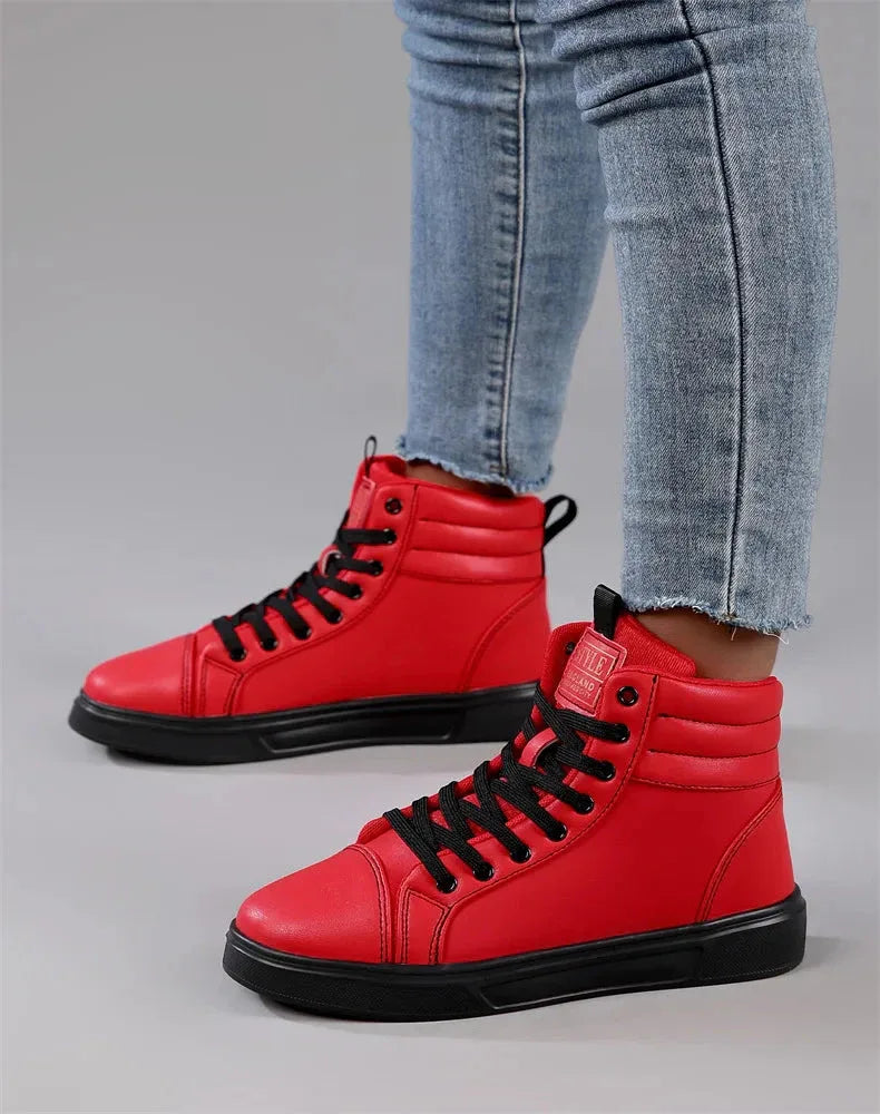 2025 Spring Fashion High-Top Sneakers - Unisex Leather Skateboarding Shoes (Red/White/Brown) - Shello's Creative Boutique