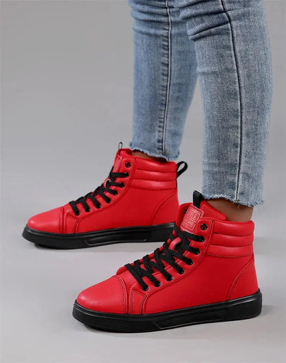 2025 Spring Fashion High-Top Sneakers - Unisex Leather Skateboarding Shoes (Red/White/Brown) - Shello's Creative Boutique