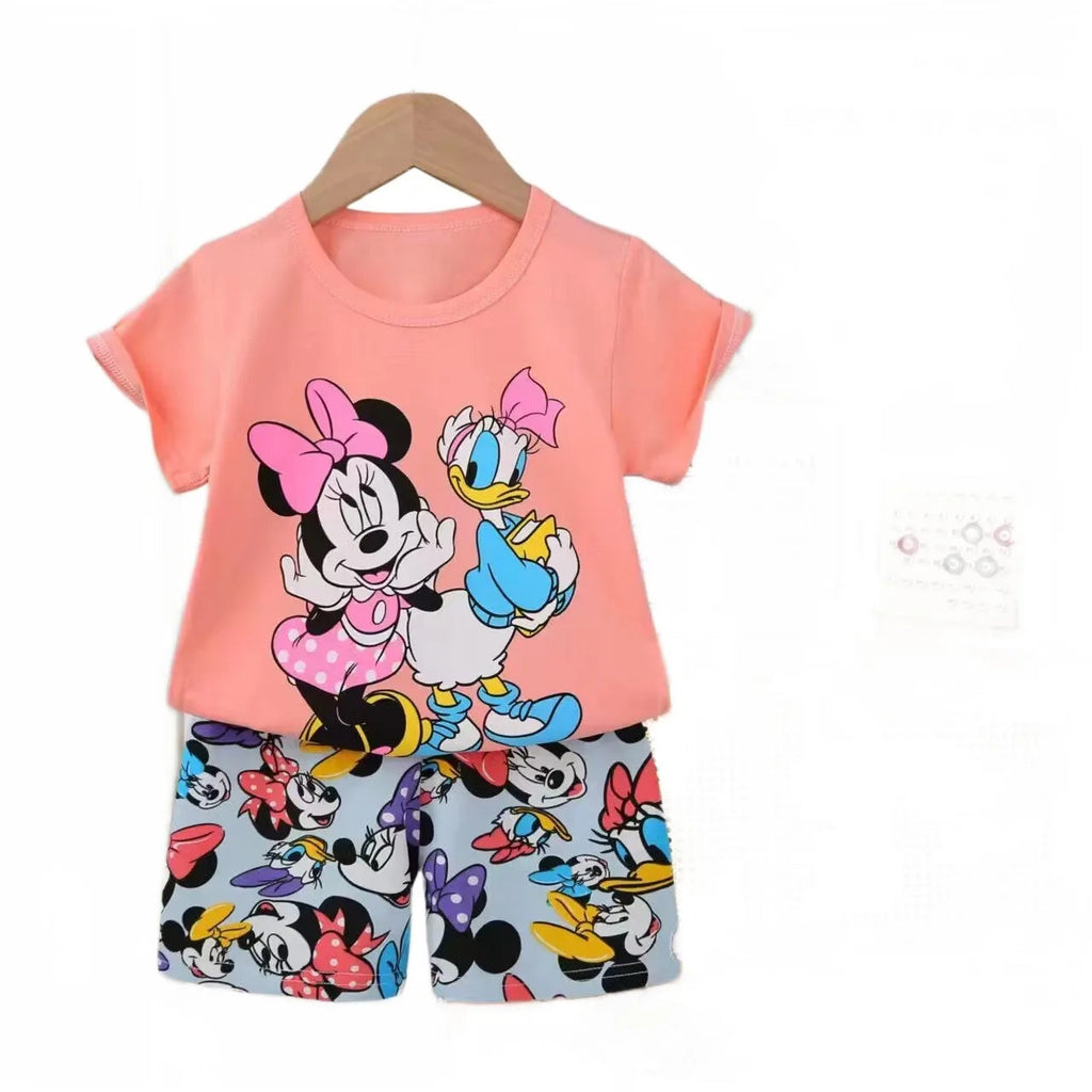 MINISO Summer Baby Girl Cartoon Top & Shorts Set – Cotton Short Sleeve Casual Outfit Shello's Creative Boutique
