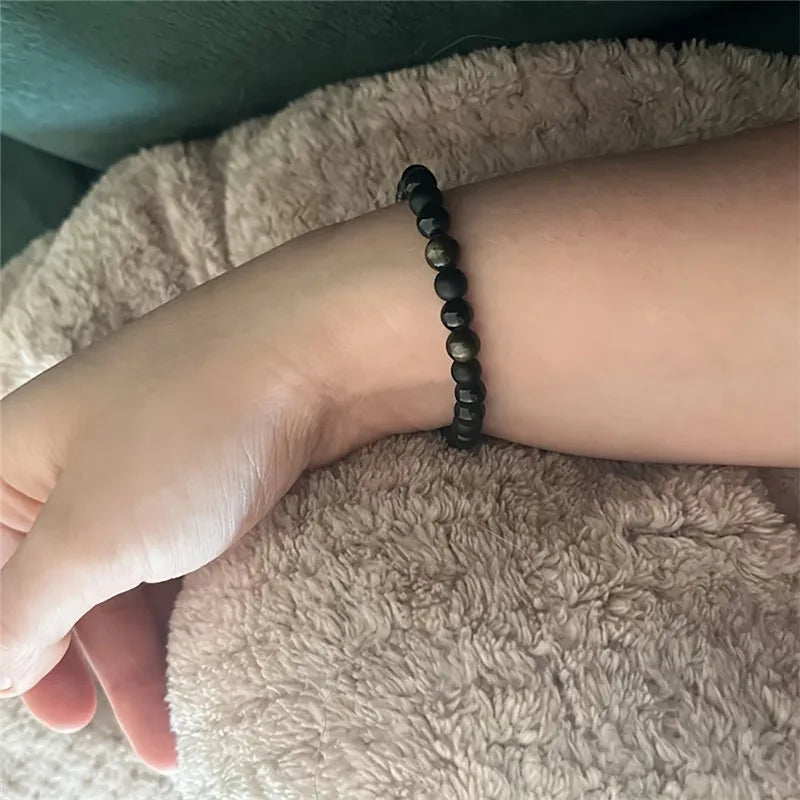 Black Natural Stone & Golden Obsidian Adjustable Bead Bracelet – Unisex Crystal Jewellery