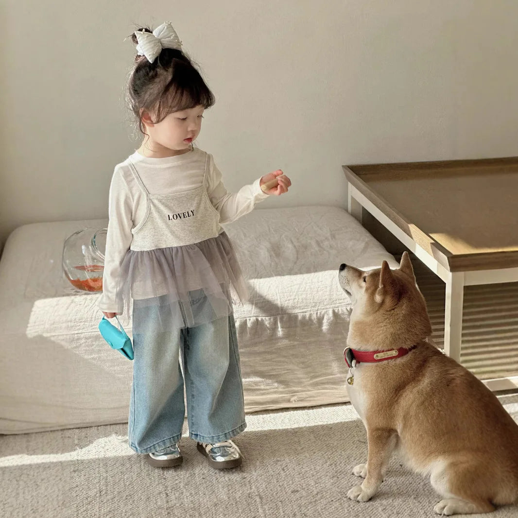 Girls Lace Straight Leg Jeans 2025 Spring Children Clothing Pants Children Korean Wide Leg Denim Pants Shello's Creative Boutique
