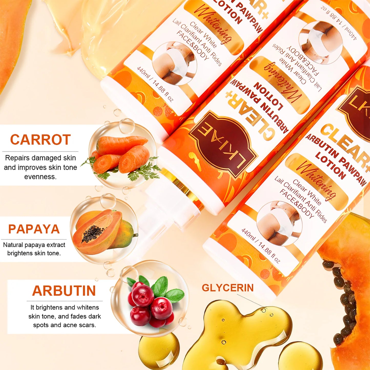 LKIAE Clear Arbutin Pawpaw Whitening Body Lotion, Moisturizing Cream, Improve Rough Skin, Remove Dark Spots, Melanin - Shello's Creative Boutique