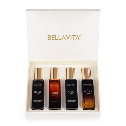 Bella Vita Luxury Man Perfume Gift Set 4 x 20 ml for Men with KLUB, OUD, CEO, G.O.A.T Perfume | Woody, Citrusy Long Lasting EDP - Shello's Creative Boutique