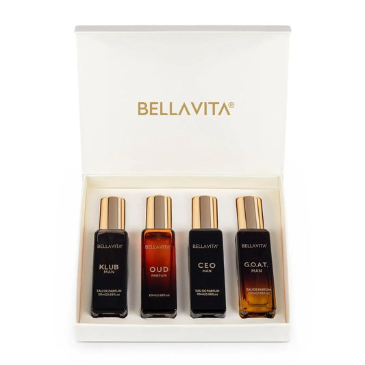 Bella Vita Luxury Man Perfume Gift Set 4 x 20 ml for Men with KLUB, OUD, CEO, G.O.A.T Perfume | Woody, Citrusy Long Lasting EDP - Shello's Creative Boutique