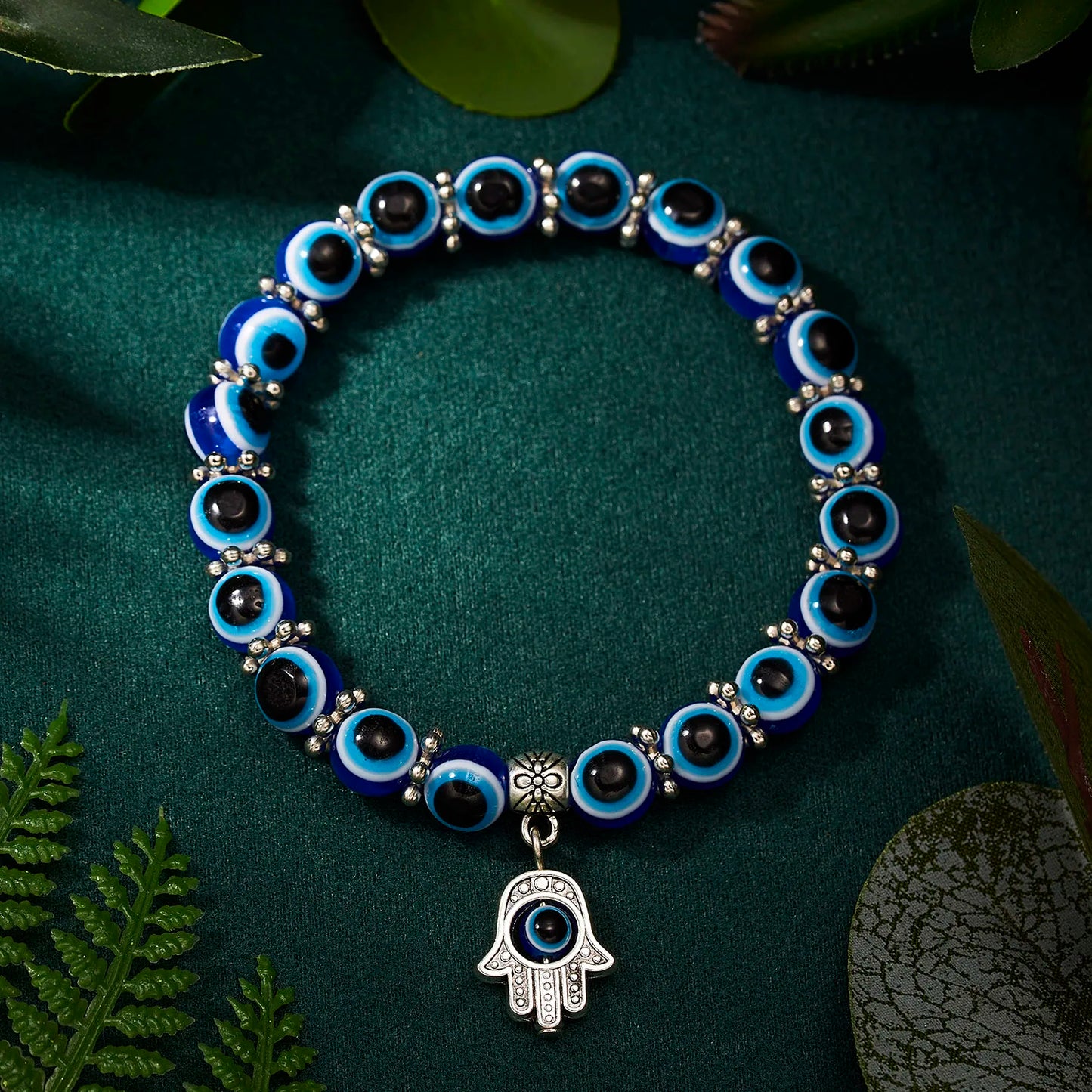 Evil Eye Palm & Butterfly Charm Bracelet – Blue Evil Eye Handmade Bead Bangle