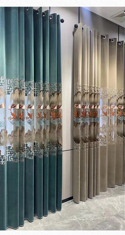 Embroidered Modern Velvet Blackout Curtains - Custom Classic Shading Drapes for Living Room & Bedroom