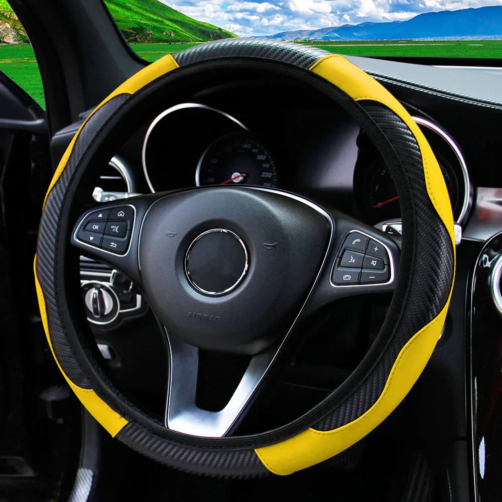 PU Carbon Fiber Leather Car Steering Wheel Cover - 14.5-15 Inches