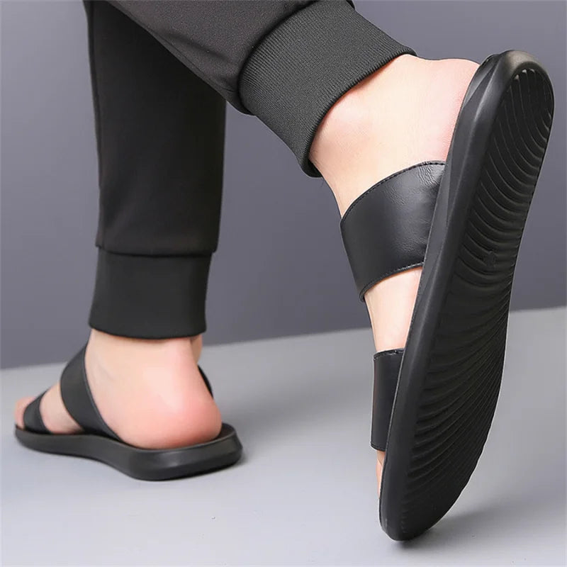 Men's Luxury Leather - Non-Slip Beach Sandals & Flat Casual Slides (Large Size 48) - Shello's Creative Boutique