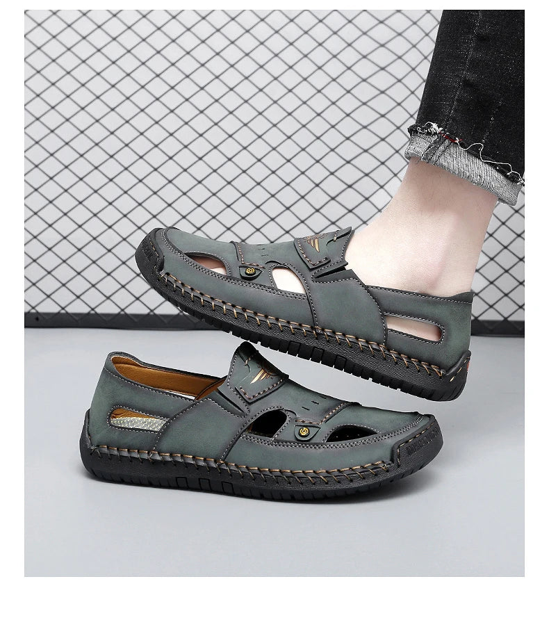 Men's Genuine Leather Beach Sandals - Breathable Hollow-Out Non-Slip Casual Slides