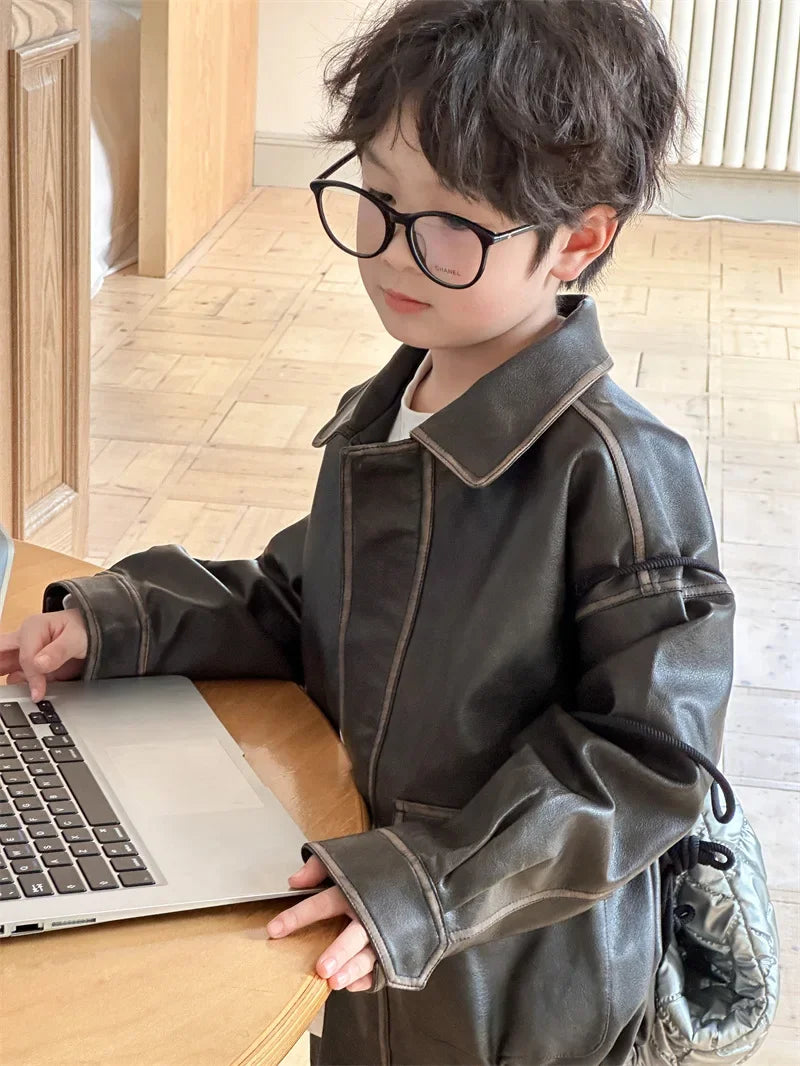 Children Clothing Fashion Casual All Match Leather Coat 2024 Fall New Boys Girls Retro Cool Jacket Solid Color Simple Coat Shello's Creative Boutique