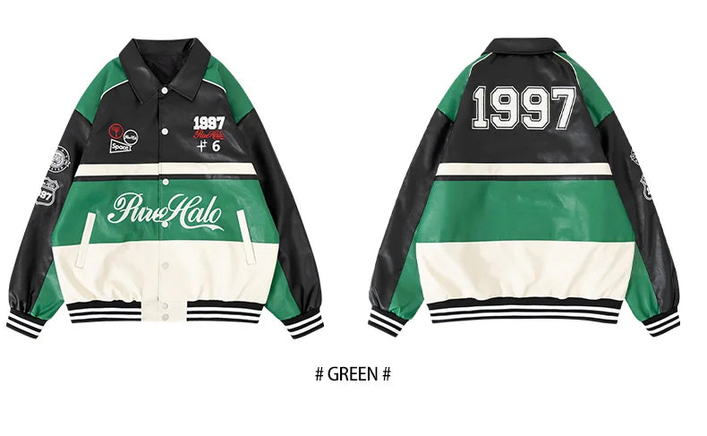 Women's Faux Leather Jacket Motorcycle Bomber Windproof Coat Spring&Autumn Warm Plus Size Baseball Coat Color-blocked Embroidery - Shello's Creative Boutique