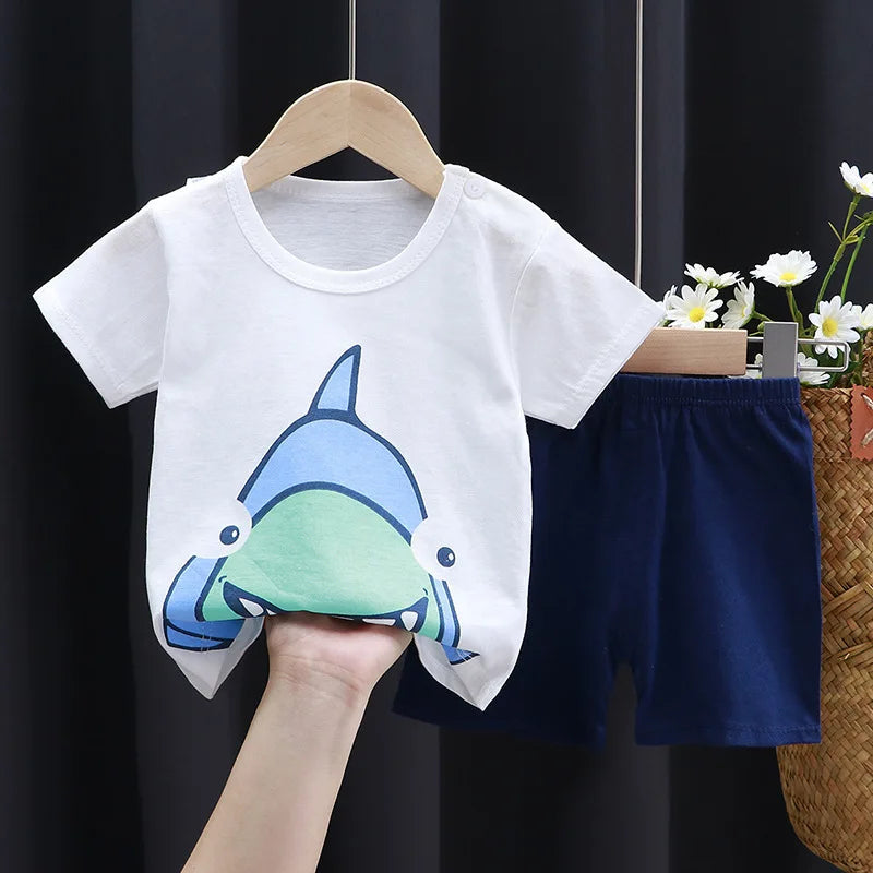 Cartoon Vibes Cotton Baby Summer Set – Unisex Short Sleeve Tee & Shorts for Ages 0–1Y Shello's Creative Boutique