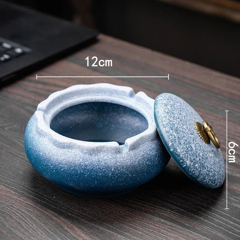 Creative Ceramic Ashtray with Lid – Anti-Fly Ash Desktop Ornament, 18 Styles