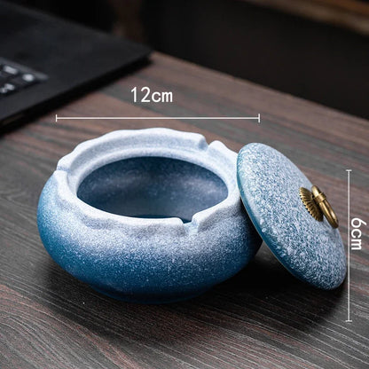 Creative Ceramic Ashtray with Lid – Anti-Fly Ash Desktop Ornament, 18 Styles