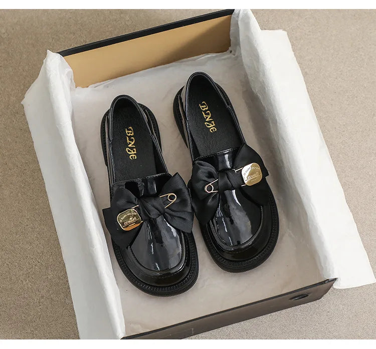 Women's British Style Leather Flats - Retro Bow Soft Sole Shoes - Shello's Creative Boutique