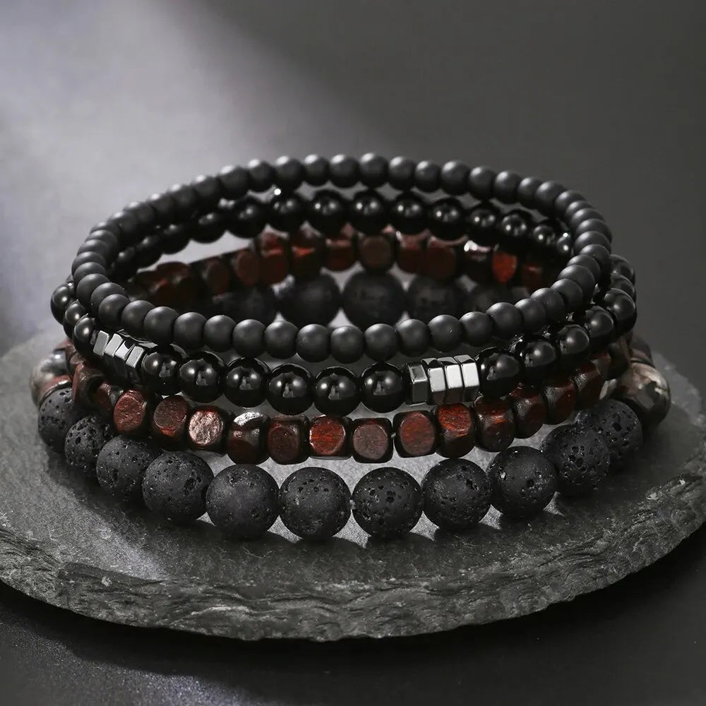 4-Piece Black Stone & Wood Bead Elastic Bracelet Set – Men's & Couples Jewellery