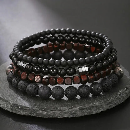 4-Piece Black Stone & Wood Bead Elastic Bracelet Set – Men's & Couples Jewellery