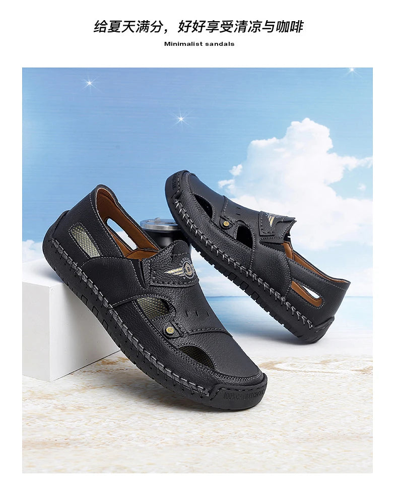 Men's Genuine Leather Beach Sandals - Breathable Hollow-Out Non-Slip Casual Slides