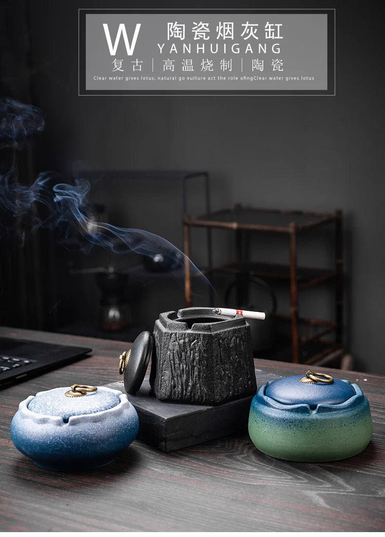 Creative Ceramic Ashtray with Lid – Anti-Fly Ash Desktop Ornament, 18 Styles