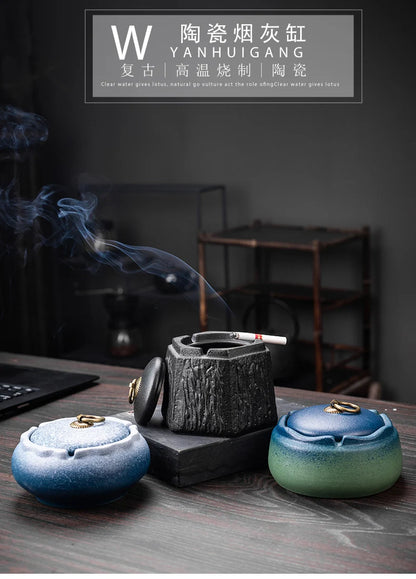 Creative Ceramic Ashtray with Lid – Anti-Fly Ash Desktop Ornament, 18 Styles
