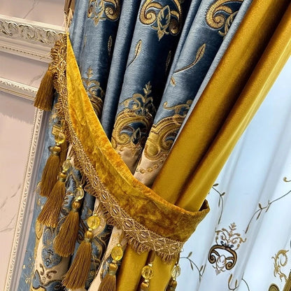 French European Blue Velvet Blackout Curtains - Custom Bay Window Drapes with Tulle Valance