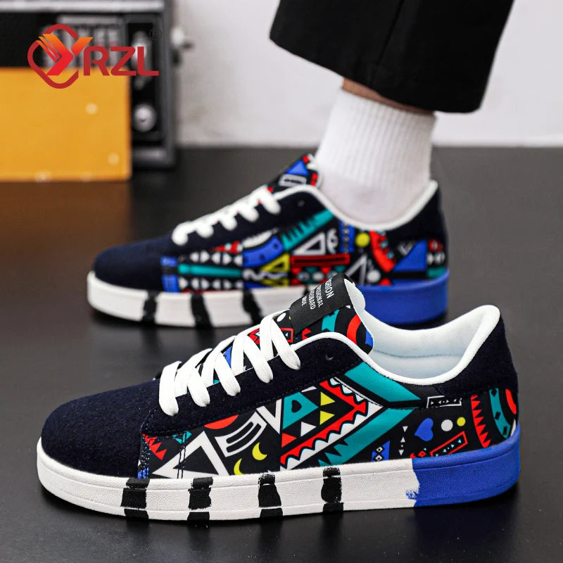 YRZL Men's Sports Running Shoes Canvas Geometric Style Lace-Up Sneakers Couples' Fashionable Graffiti Print Skate Shoes Men Shello's Creative Boutique