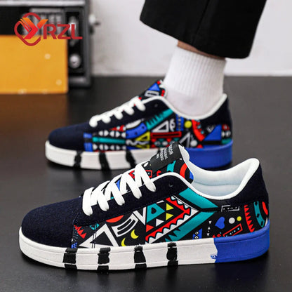 YRZL Men's Sports Running Shoes Canvas Geometric Style Lace-Up Sneakers Couples' Fashionable Graffiti Print Skate Shoes Men Shello's Creative Boutique