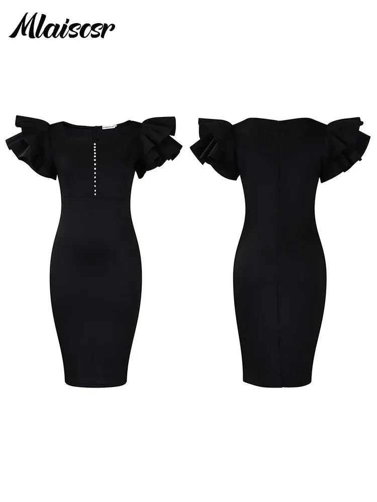 Elegant Square Neck Dress - Ruffled Beaded Mid-Length Evening Dress - Shello's Creative Boutique
