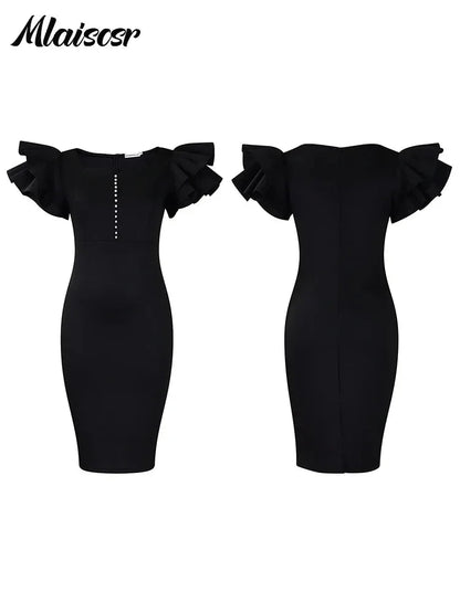 Elegant Square Neck Dress - Ruffled Beaded Mid-Length Evening Dress - Shello's Creative Boutique