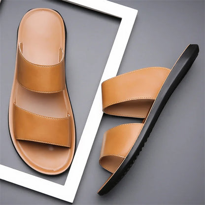 Men's Luxury Leather - Non-Slip Beach Sandals & Flat Casual Slides (Large Size 48) - Shello's Creative Boutique