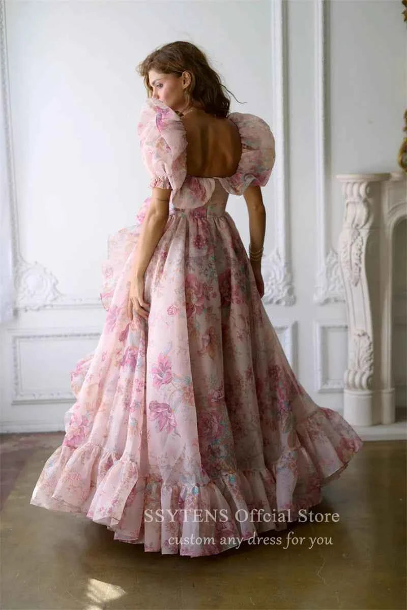 Chic Print Formal Party Dresses Puff Sleeves Ruffle Tulle Junior Pageant Senior Prom Gowns Gala Evening Event Customized Dress