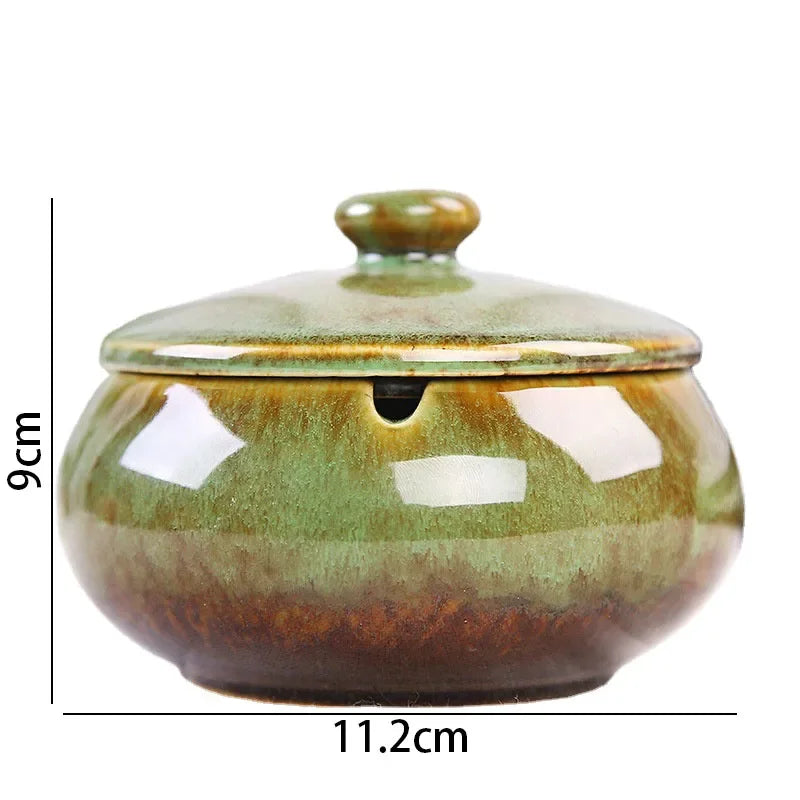 European Ceramic Ashtray with Lid – Kiln Glaze Retro Desktop Ash Tray
