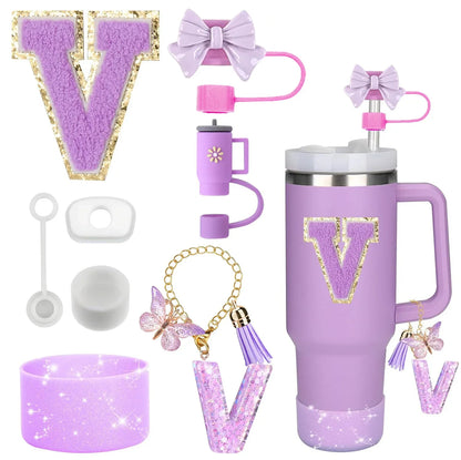 8PCS Accessories Set for Stanley Cup Purple 30oz 40oz tumbler Silicone Straw Topper Cover Cap Boot Handle Charm Initials Sticker - Shello's Creative Boutique