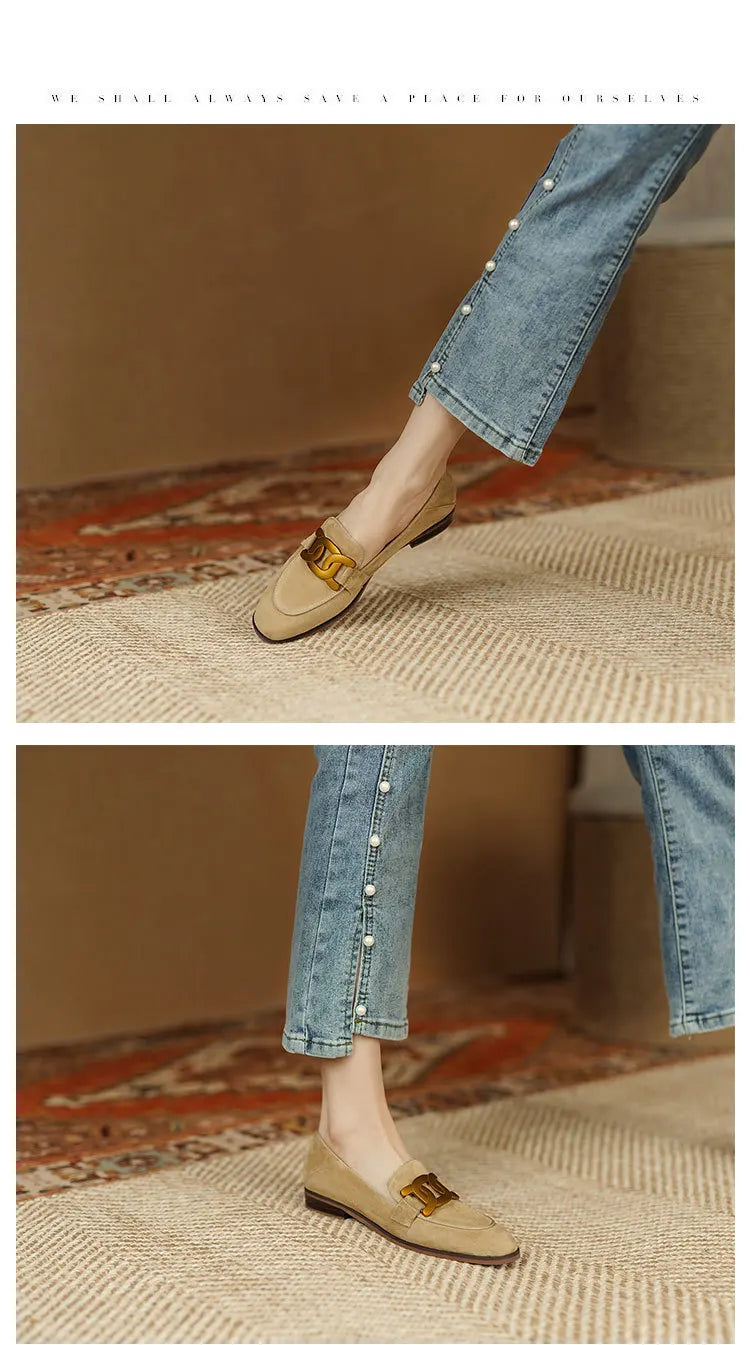 Women's Retro Metal Buckle Loafers - French British Style Square Toe Pumps - Shello's Creative Boutique
