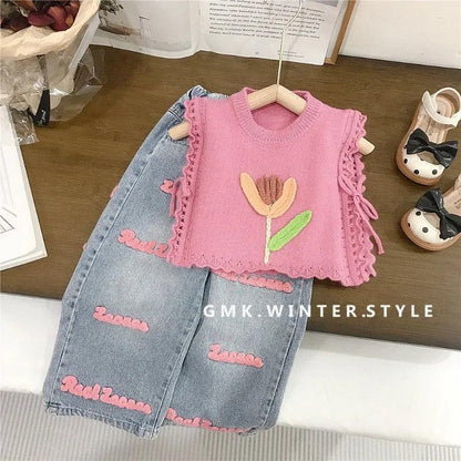 Girls’ Pink Knitted Waistcoat & Denim Jeans Set – Fashion Toddler Summer Outfit (Ages 2–7) - Shello's Creative Boutique