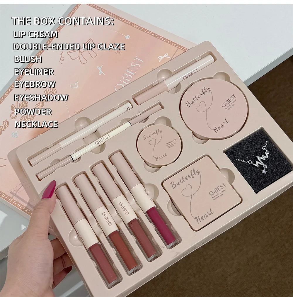 Makeup Gift Box Butterfly Bow Heart Limited Lipstick Powder Blush Eyeshadow Makeup Gift Box Set and Necklace Gifts for Women - Shello's Creative Boutique