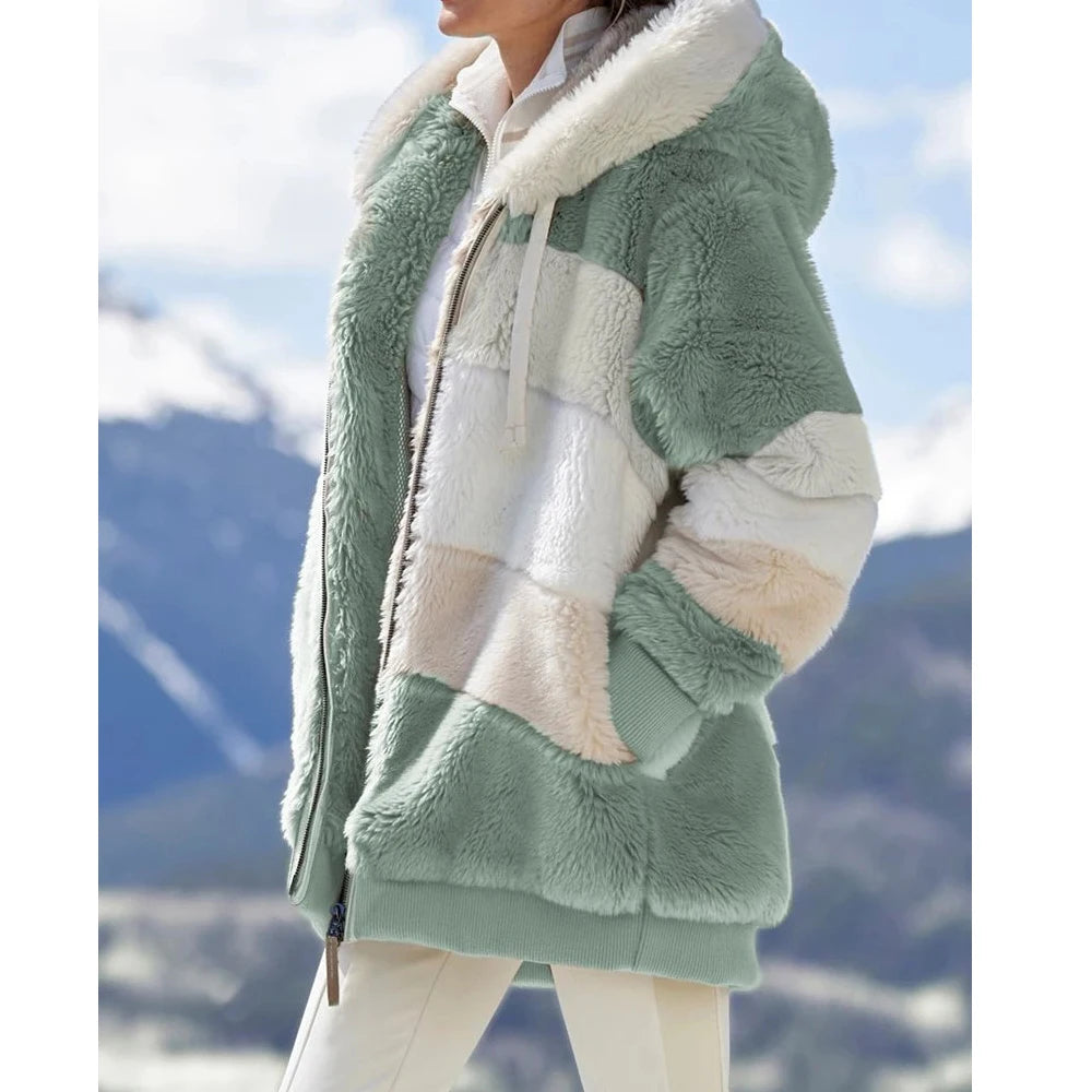 Women's Winter Hooded Coat 2026 - Thick Cashmere Plaid Stitched Jacket with Zipper - Shello's Creative Boutique
