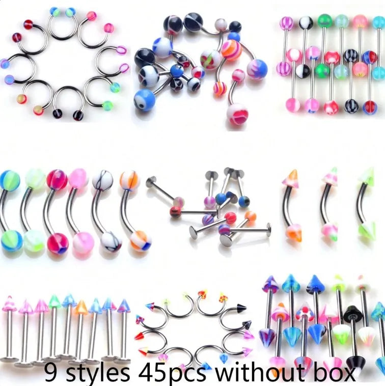 45/90-Piece Stainless Steel Body Piercing Jewellery Set
