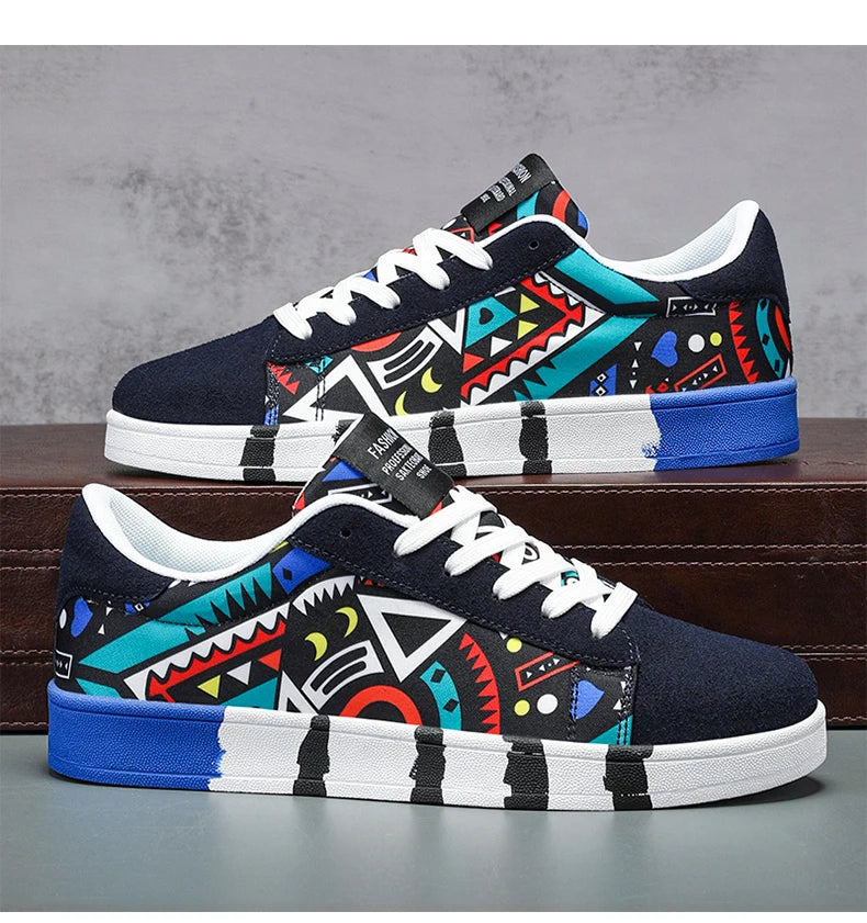 YRZL Men's Sports Running Shoes Canvas Geometric Style Lace-Up Sneakers Couples' Fashionable Graffiti Print Skate Shoes Men Shello's Creative Boutique
