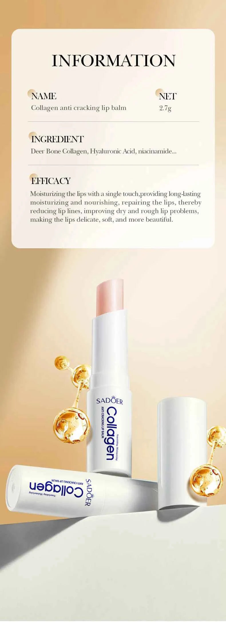 1/2/3pcs SADOER Collagen Lip Balm Moisturizing Anti Wrinkles Anti-aging Nourishing Hydrating Lipstick Lips Skin Care Products