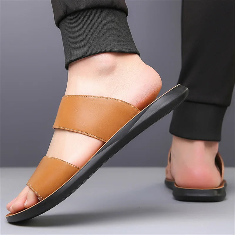 Men's Luxury Leather - Non-Slip Beach Sandals & Flat Casual Slides (Large Size 48) - Shello's Creative Boutique