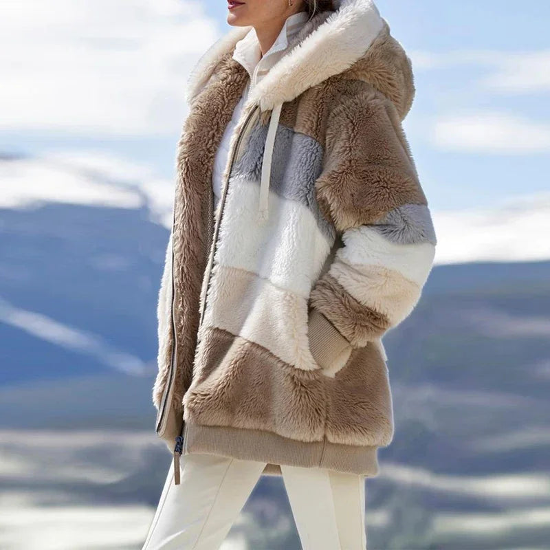 Women's Winter Hooded Coat 2026 - Thick Cashmere Plaid Stitched Jacket with Zipper - Shello's Creative Boutique